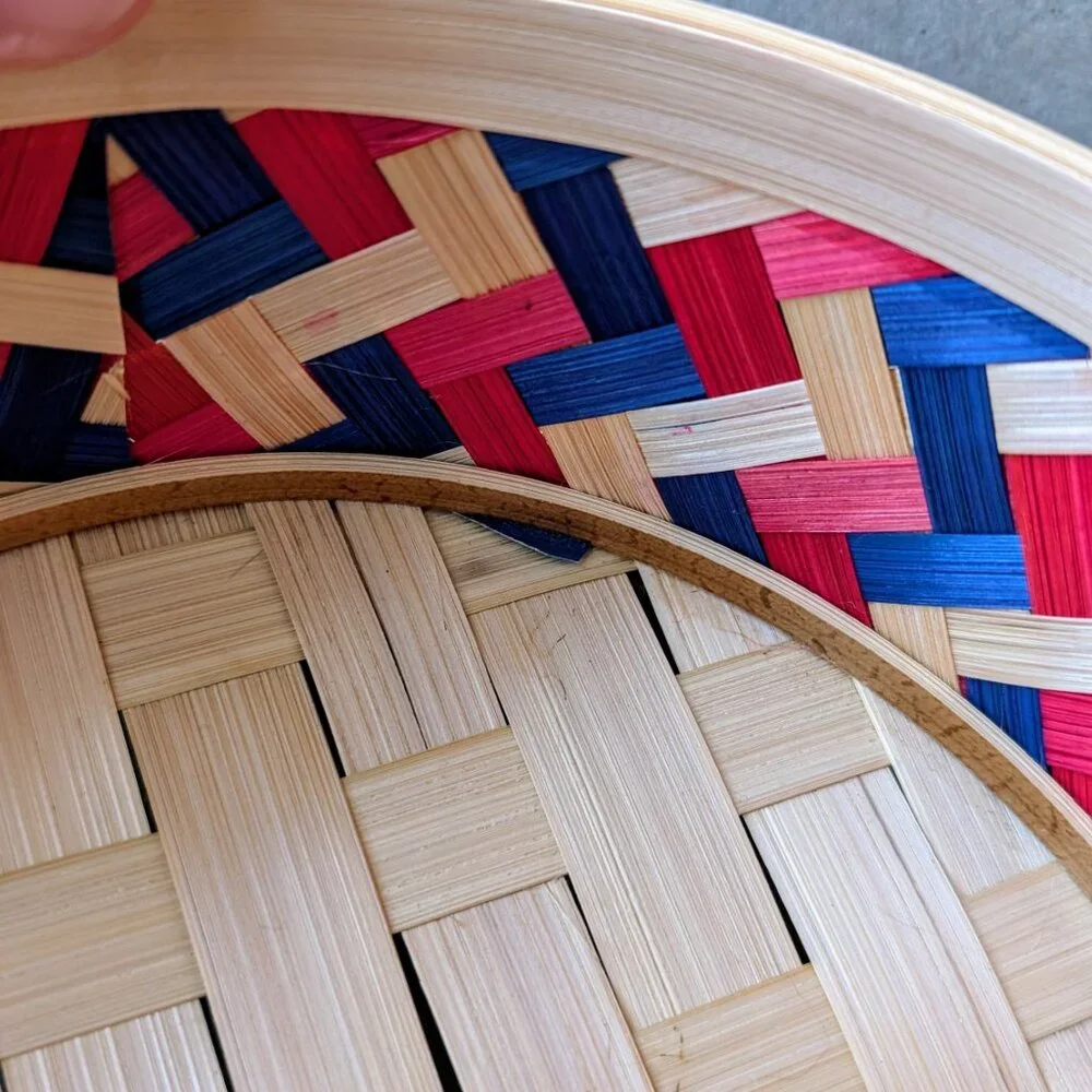 Vintage Wicker Basket Red Blue Tan Woven Round Bowl Boho Cottagecore